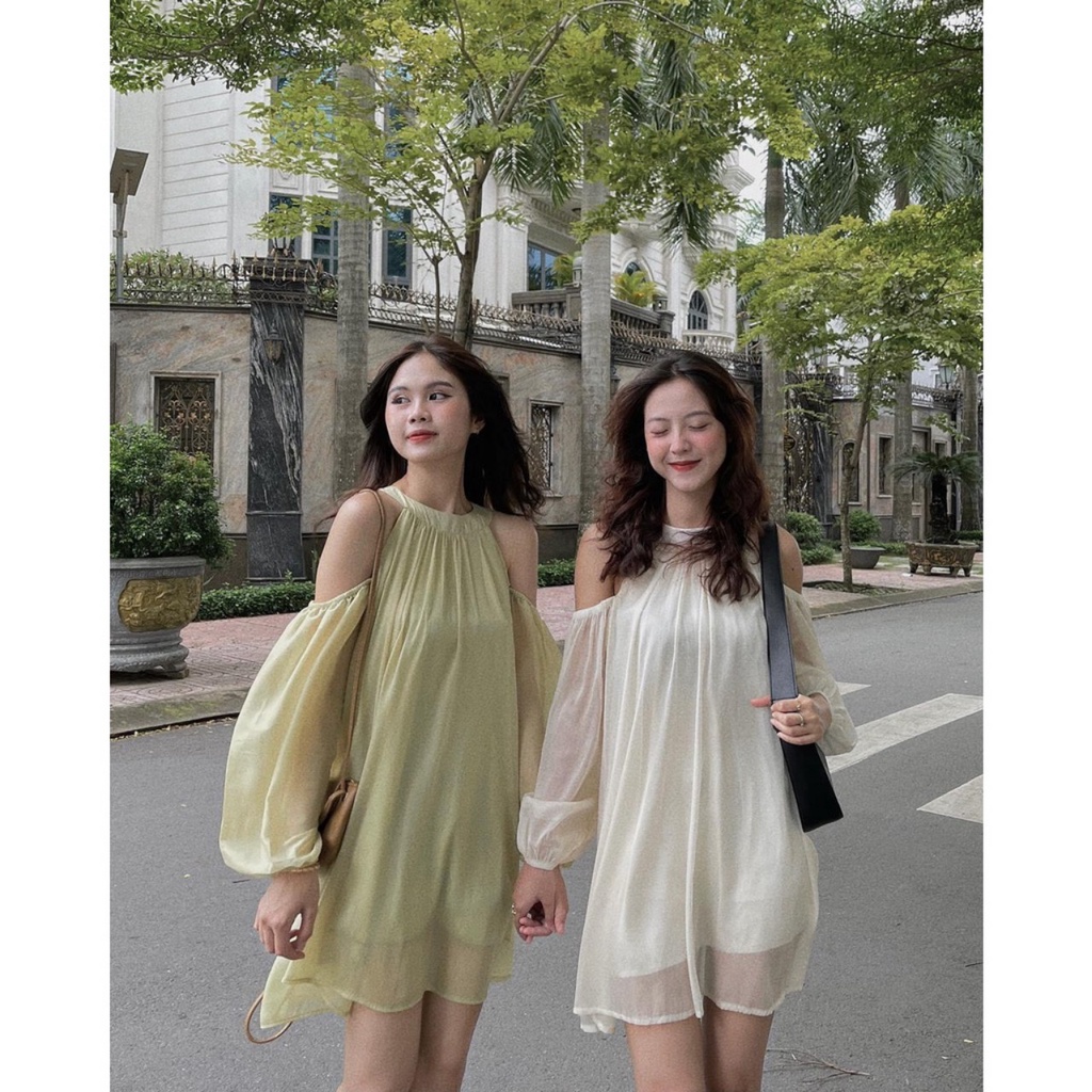 Váy Đầm Babydoll Cổ Yếm Hở Vai Tay Bồng Dài Che Được Khuyết Điểm Cho Chị Em Thỏa Sức Thả Dáng Trên Phố | Bé Tiu Clothing