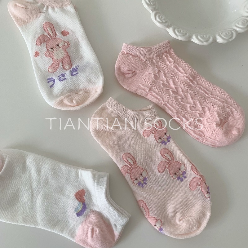 TIAN TIAN T175 Vớ nữ Cotton Cổ Thấp Mỏng Nhẹ In Họa Tiết Thỏ Hoạt Hình Phong Cách Nhật Hàn Thời Trang Mùa Hè Cho Nữ