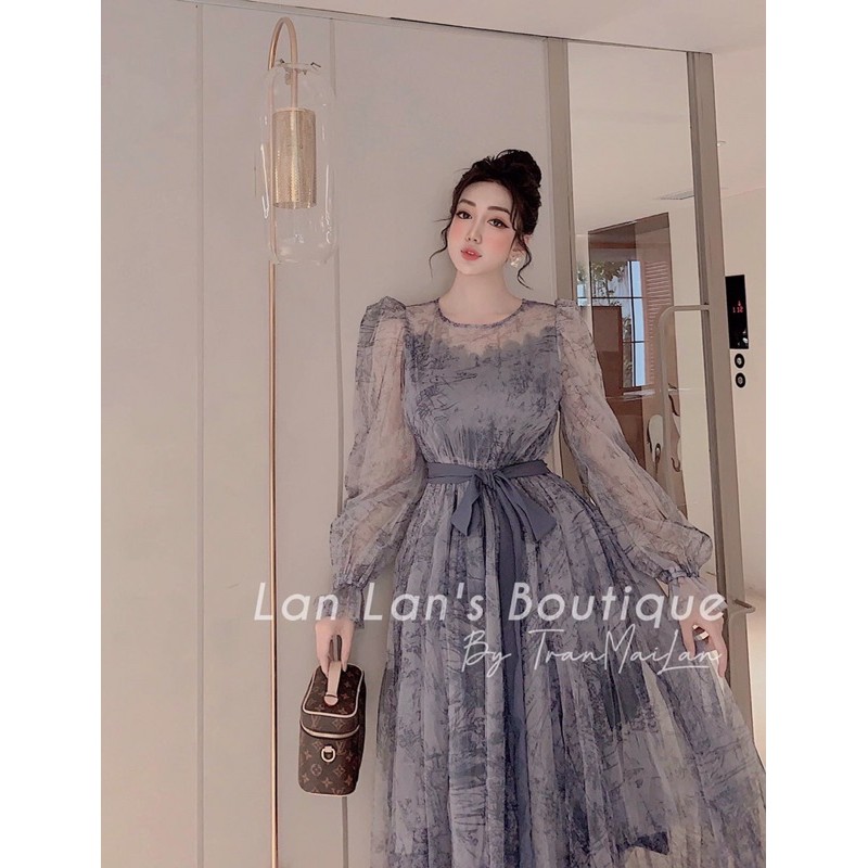 Váy hoa nhí dáng dài TNT, đầm dự tiêc maxi hàng thiết kế 2 lớp cao cấp kèm dây thắt eo