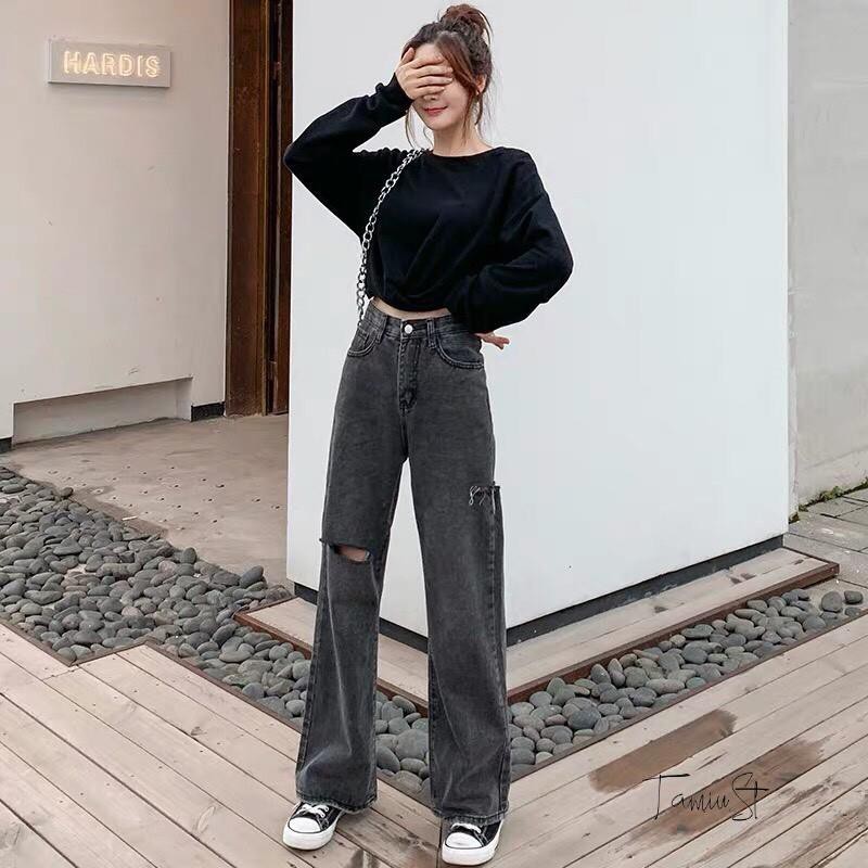 Quần jean ống rộng màu đen ghi rách gối cá tính | BigBuy360 - bigbuy360.vn