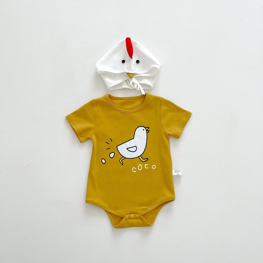 Bộ Áo Liền Quần Tay Ngắn + Mũ Vải Cotton Thời Trang Mùa Hè Dễ Thương Cho Bé Sơ Sinh