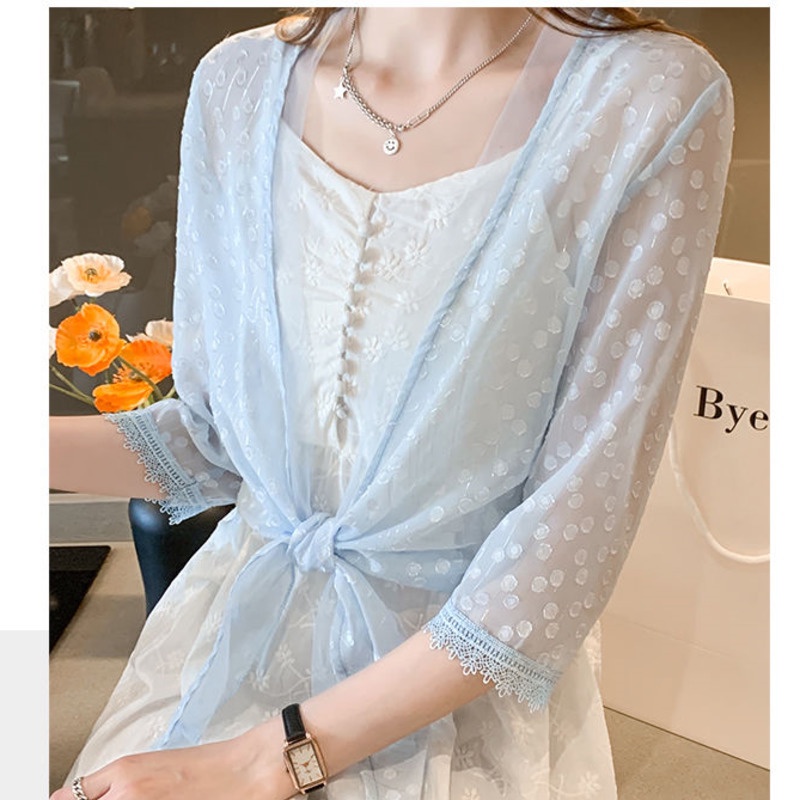 Áo Sơ Mi Chấm Bi Thời Trang Xinh Xắn 164485 Áo Sơ Mi Voan Mỏng Dáng Ngắn Thời Trang Dành Cho Nữ