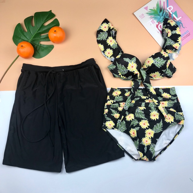 Bikini, đồ bơi cặp đi biển nam nữ hoa nhí kín đáo