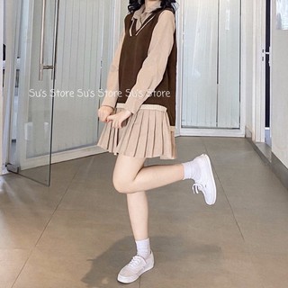Set áo gile len cổ V kèm váy đuôi xếp li
