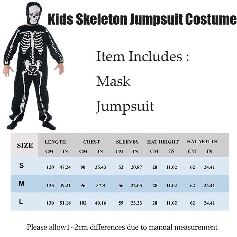 Áo liền quần in hình hộp sọ/xương cho trẻ em chủ đề kinh dị Halloween kèm phụ kiện