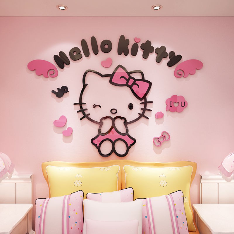 ♀◐Giấy dán tường hình mèo Hello Kitty 3d dễ thương trang trí phòng bé gái