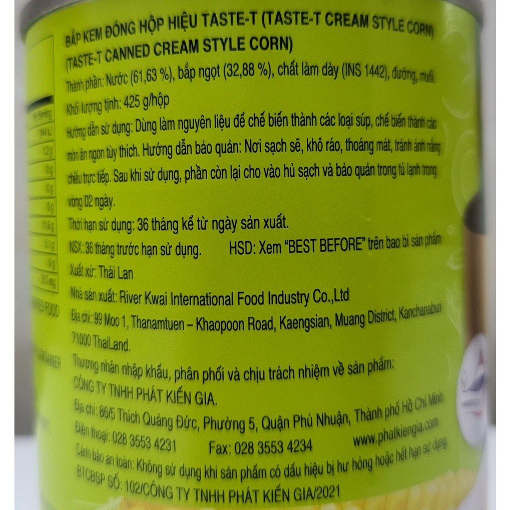 [Hộp 425g] BẮP KEM [Thailand] TASTE-T Cream Style Corn (halal) (pkg)