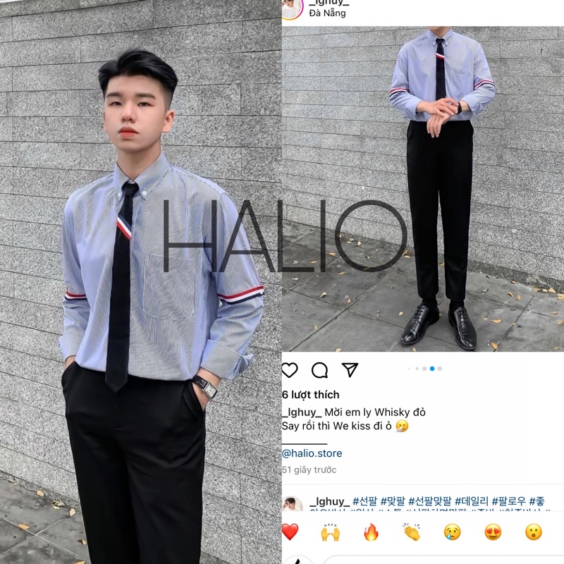 Áo sơ mi dài tay nam mẫu kẻ xanh trắng sọc tay , vải Cotton xịn, chuẩn form - Regular fit, đứng form - HALIOMAN