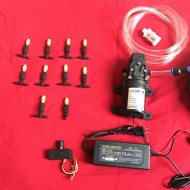 Bộ máy phun sương 10 béc đồng tưới lan,làm mát ( kèm nguồn 12v5a)