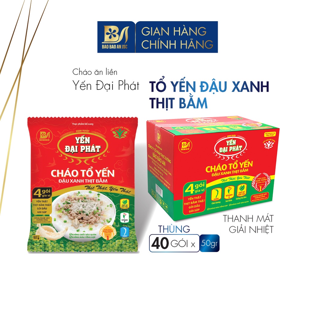 Cháo Tổ Yến Đậu Xanh Thịt Bằm - Yến Đại Phát - thùng 40 gói x 50g