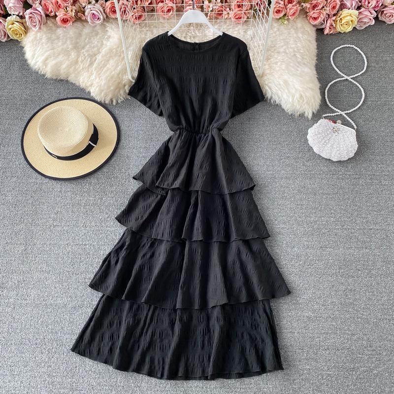 Đầm Voan Nữ Cổ Tròn Trơn Mùa Hè Đầm Maxi Tay Ngắn