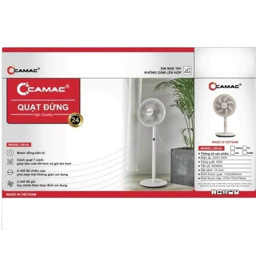 Quạt đứng Camac CM-30 kiểu 7 cánh, 3 chế độ quạt làm mát không khí, bảo hành chính hãng 12 tháng