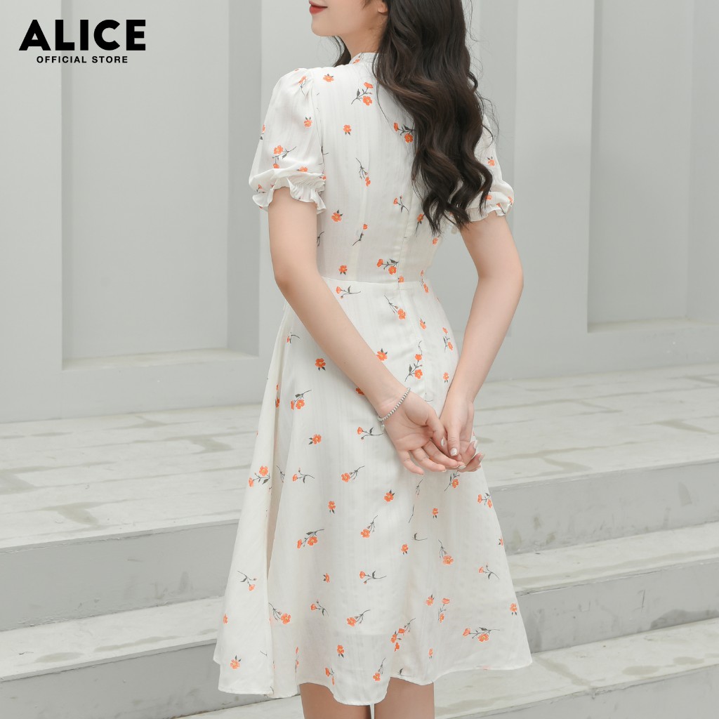 Đầm Trắng Thiết Kế Đẹp ALICE Dáng Xòe Cổ Chữ V Thắt Nơ Tay Bồng Chun Gấu Tay Họa Tiết Hoa Nhí V684