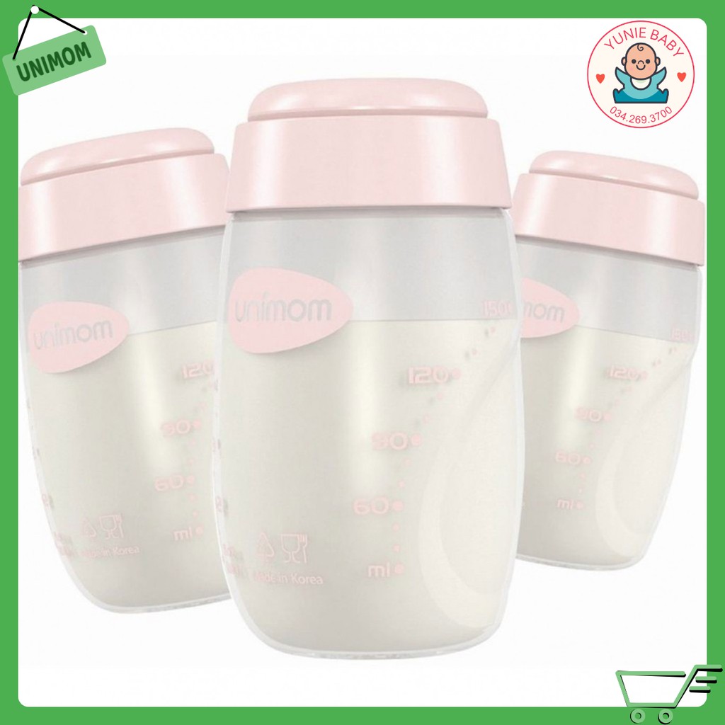 Bình trữ sữa mẹ (đựng sữa mẹ) Unimom có hoặc không có núm ti cho bé bú - 150ml (bộ 3 bình) UM871128-UM880045