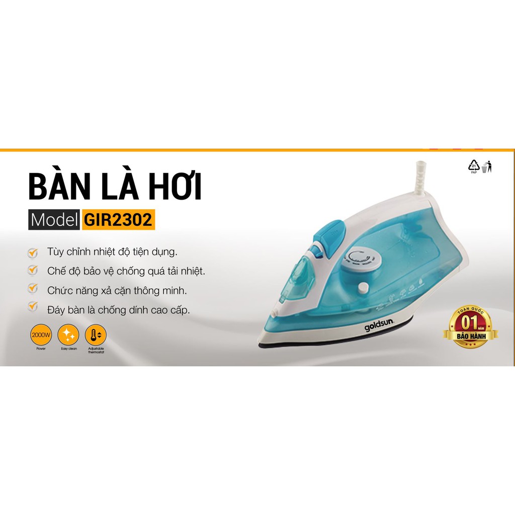 Bàn ủi hơi Goldsun GIR2302 Công suất 2000W Bảo hành 12 tháng