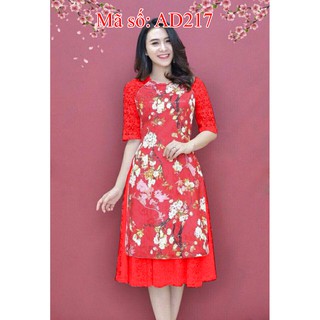 Có size lớn 2XL 3XL 4XL Set áo dài cách tân gấm hoa phối tay ren kèm váy ren AD217