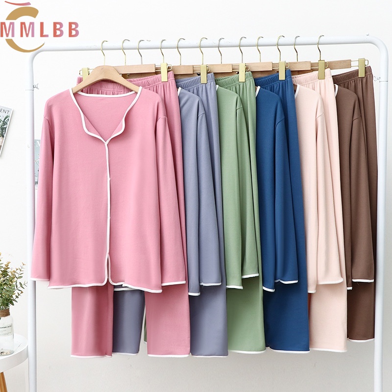 Bộ Đồ Ngủ 2 Món Áo Tay Dài Quần Ống Rộng Màu Trơn Ấm Áp Cho Nữ