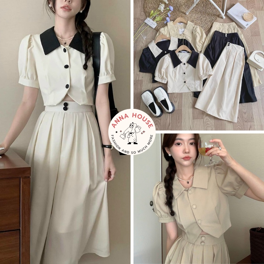 Set áo sơ mi ngắn tay bồng dáng croptop phối màu cổ bản to kèm chân váy xòe xếp ly dài, set đồ nữ áo ngắn kèm chân váy