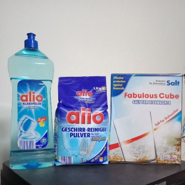 Bột rửa chén bát Alio 1.8kg+muối làm mềm nước chuyên dụng 2kg+bóng Alio 1000 ml