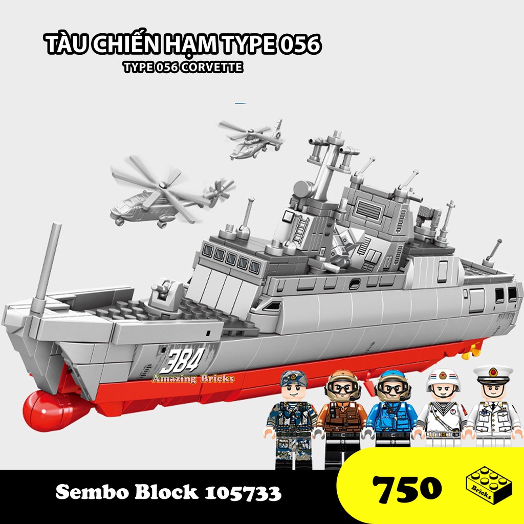 Đồ chơi Lắp ráp Thuyền chiến Type 056, Sembo Block 105733 Battleship Corvette, Xếp hình thông minh, Mô hình tàu chiến