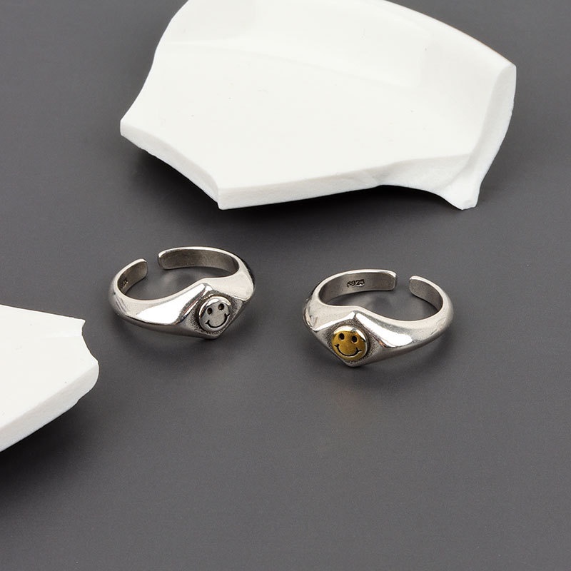Nhẫn Hở Hình Học Mặt Cười Màu Bạc Có Thể Điều Chỉnh Kích Cỡ Phong Cách Punk Cho Nữ