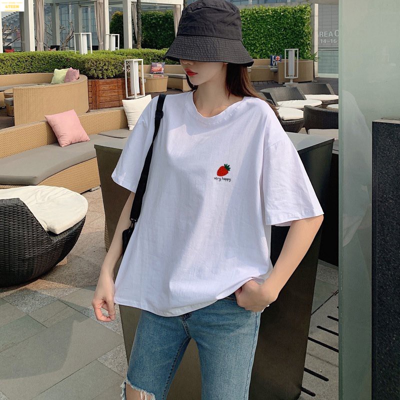 Áo Thun Tay Lỡ In Nhiệt Trái Dâu form Unisex nam nữ phong cách Ulzzang