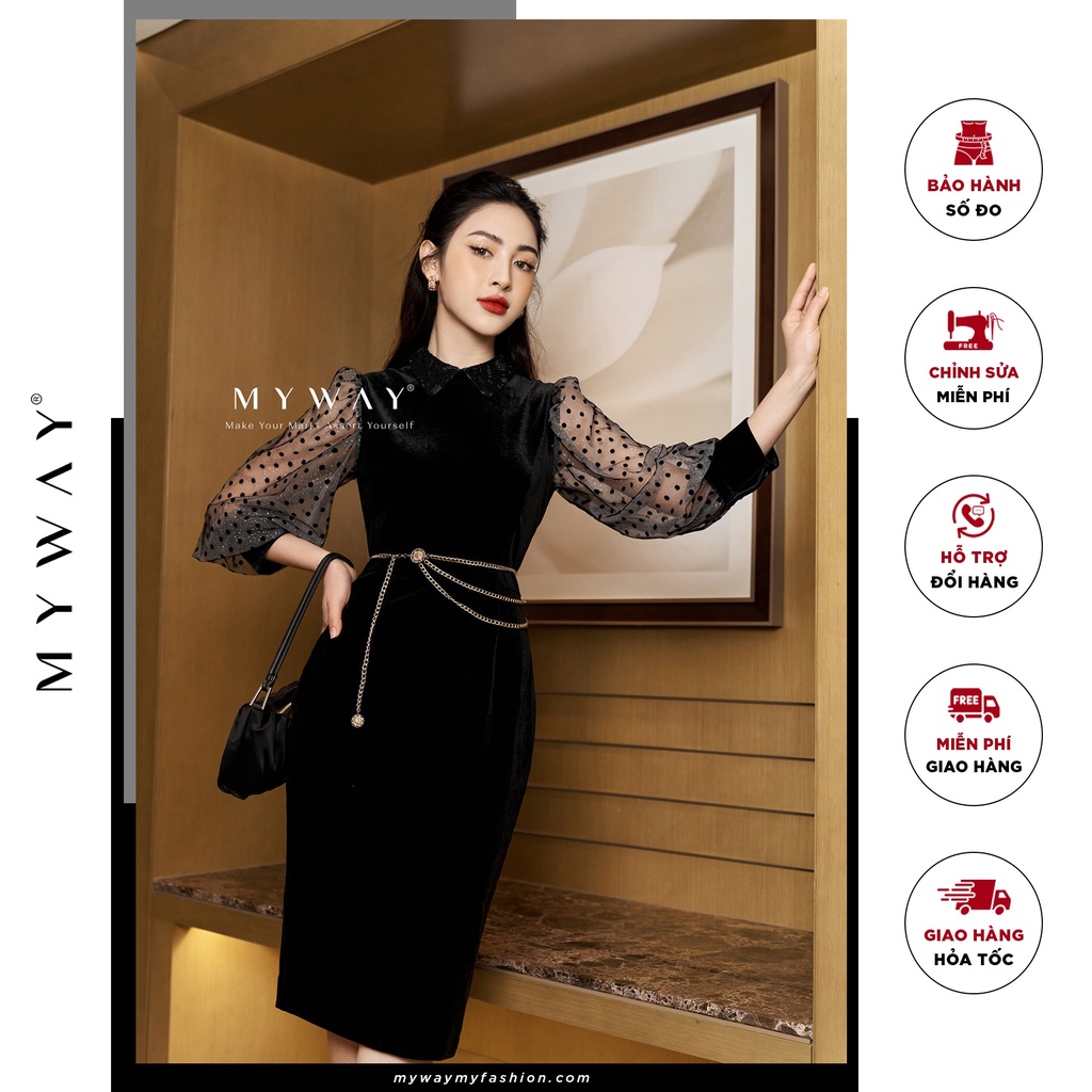 Đầm Nhung Nữ MY WAY Công Sở Dáng Bút Chì Tay Phối Voan Chấm Bi Sang Trọng 1MD1254 De1