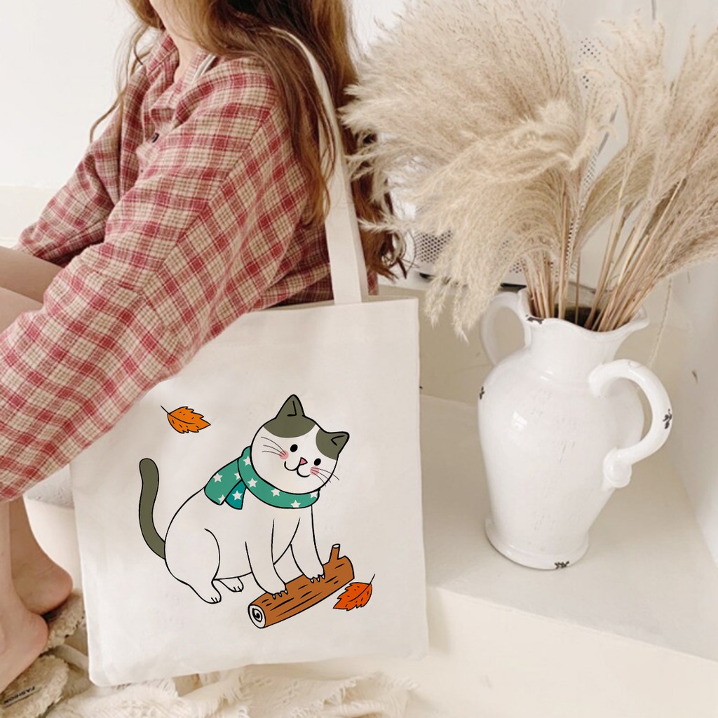 Túi Tote Vải Bố Canvas In Hình Mèo Mùa Thu Cute