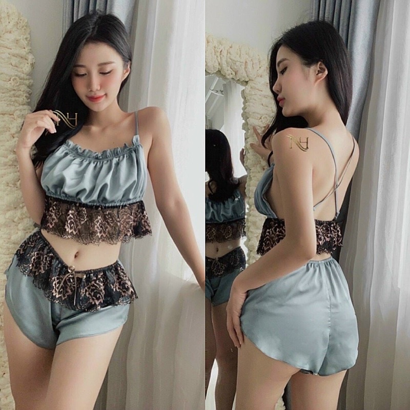Bộ ngủ hai dây lụa satin thiết kế phối ren cao cấp | BigBuy360 - bigbuy360.vn