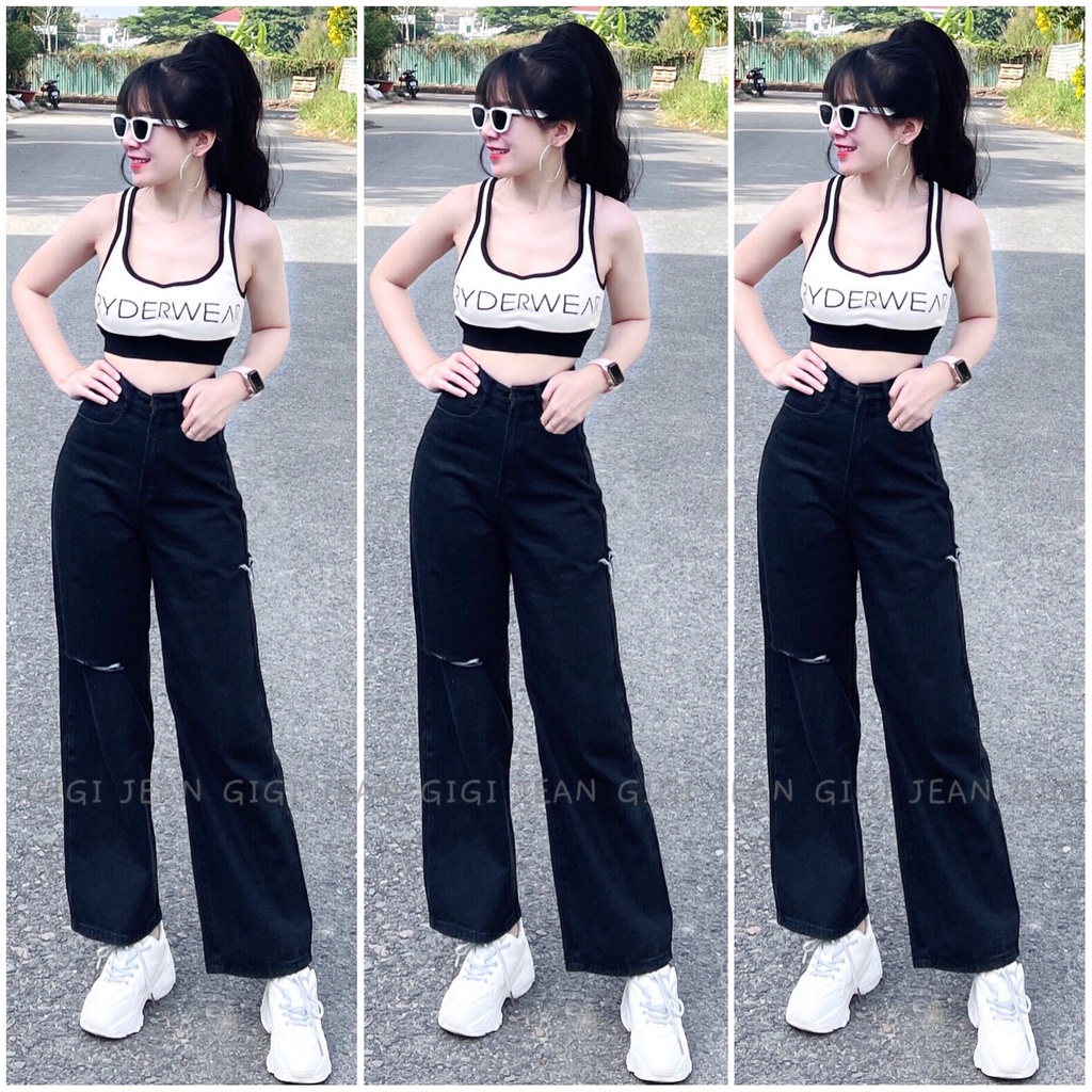 Quần Jean Nữ Dài Lưng Cao Ống Rộng Không Giãn Hot Trend ULZZANG Rách Nhẹ GIGI4004 Hình thật shop tự chụp kèm Video