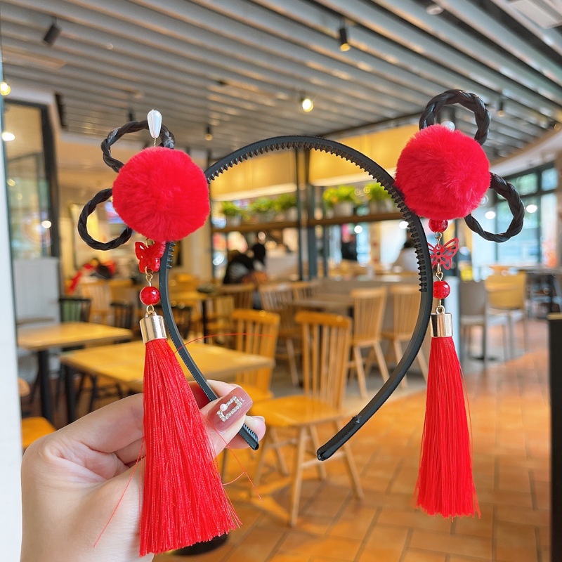 Oio Cài Tóc Hoa Giả Màu Đỏ Phối Tua Rua Kiểu Trung Hoa Năm Mới Cho Bé Gái