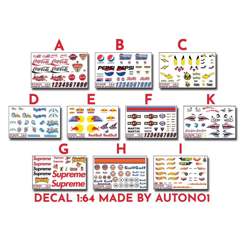 DECAL NƯỚC HÃNG COCA COLA - PEPSI - PIKACHU - REDBULL- DOREMON CHO XE 1:64 AUTONO1 DC503