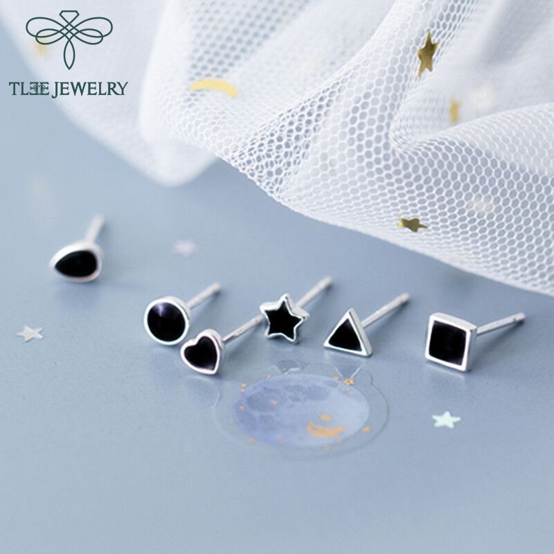 Khuyên tai bạc TLEE unisex hình khối đá đen cá tính TleeJewelry B0181