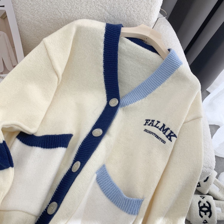 Áo Khoác Cardigan Dệt Kim Dáng Rộng Thêu Chữ Màu Sắc Tương Phản Thời Trang Thu Đông Cho Sinh Viên