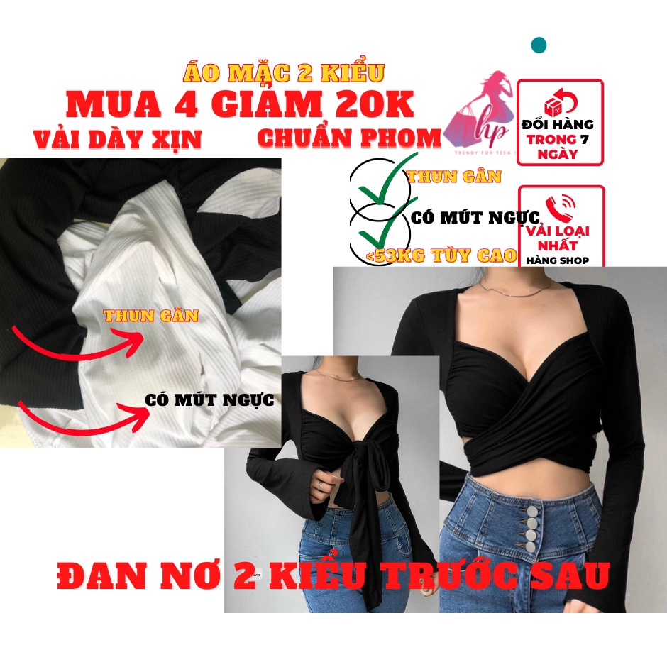 Áo nữ kiểu croptop ôm body tay dài cổ V cột nơ trước sau 2 kiểu phong cách hàn quốc mẫu mới A109