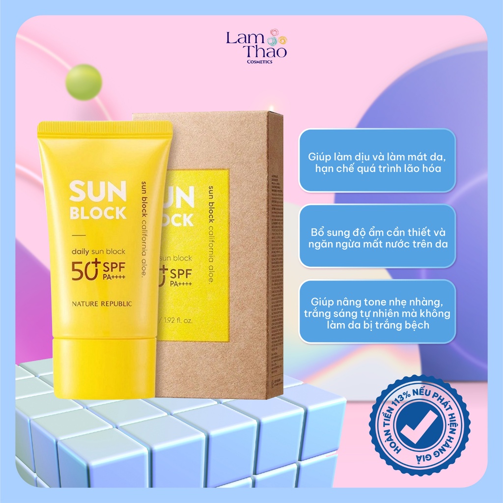 Kem Chống Nắng Nâng Tone Tự Nhiên Nature Republic California Aloe Daily Sun Block SPF50+ PA++++ 57ml