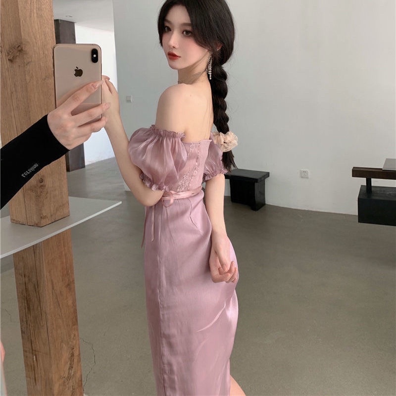 Đầm Cúp Ngực Trễ Vai Dáng Dài Rút Dây Bên