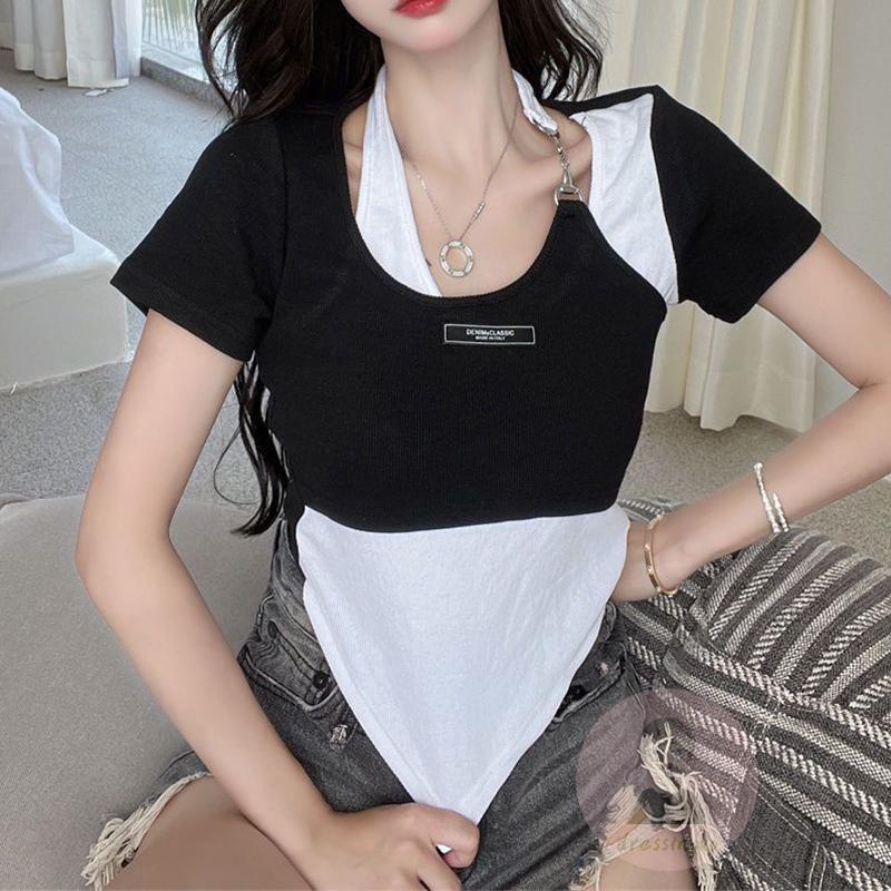 Áo Thun Tay Ngắn Cổ Yếm Màu Sắc Tương Phản Thời Trang Mùa Hè Dành Cho Nữ