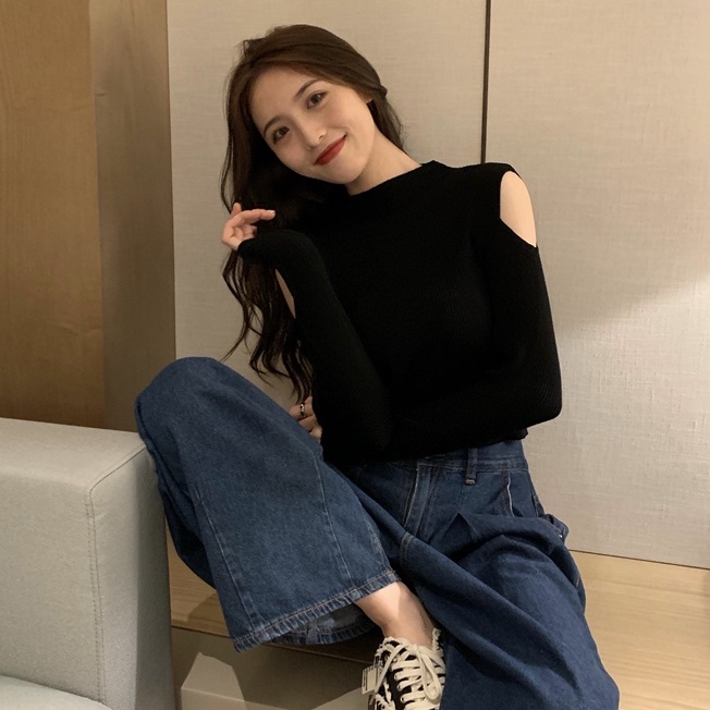 Áo dệt kim Xiaozhainv tay dài trễ vai thời trang Hàn Quốc cho nữ