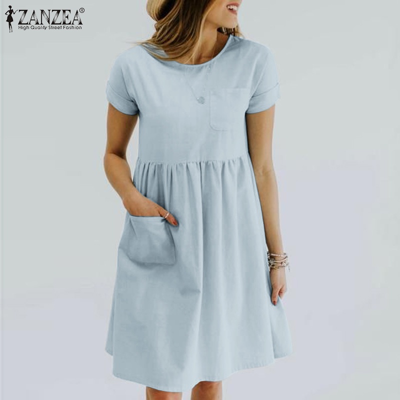 Đầm ZANZEA tay ngắn cổ tròn màu trơn dáng rộng thời trang cho nữ