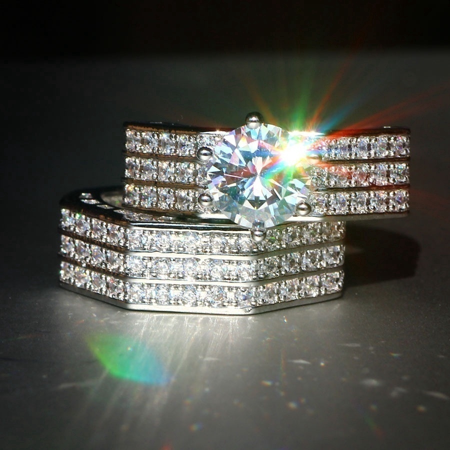 Nhẫn mạ bạc 925 thiết kế nhiều lớp đính đá sapphire màu trắng thời trang sang trọng cho nữ