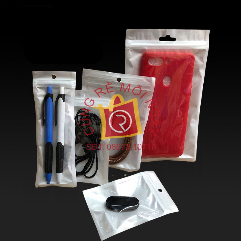 Túi zip trắng đáy đứng, có lỗ để móc treo, có thể dùng đựng ốp lưng, tai nghe, phụ kiện, trưng bày, nhiều kích thước