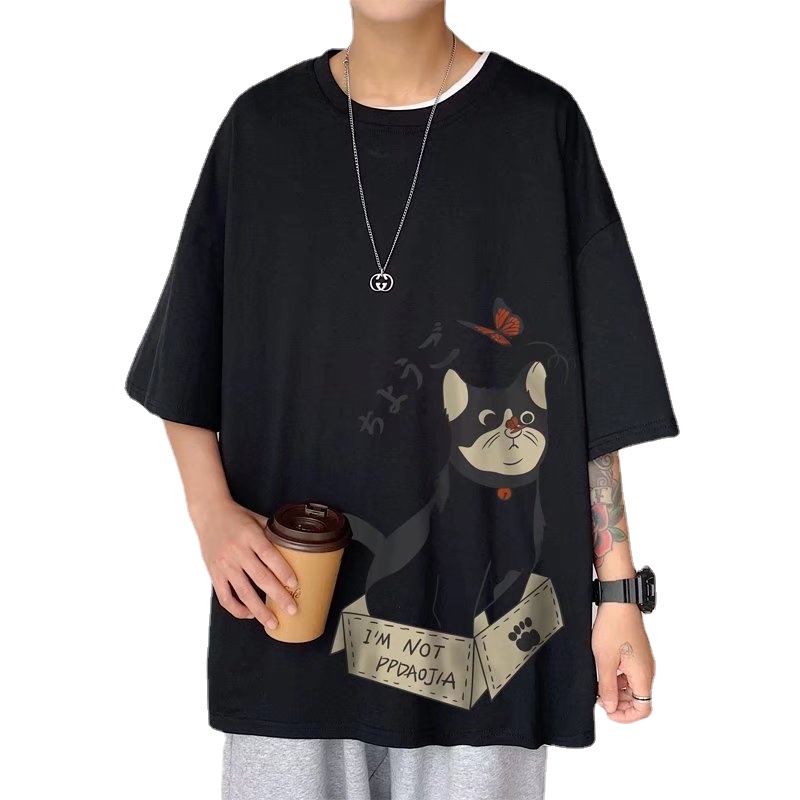 Áo Thun Nam Tay Ngắn Dáng Rộng In Hình Mèo Hoạt Hình Phong Cách Hip Hop Thời Trang Mùa Hè Mới size M-8XL