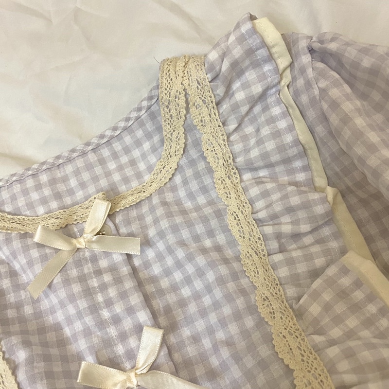 BN30_ bộ ngủ, Bộ Pijama dài tay cổ ren bánh bèo công chúa họa tiết kẻ caro Hàn Quốc