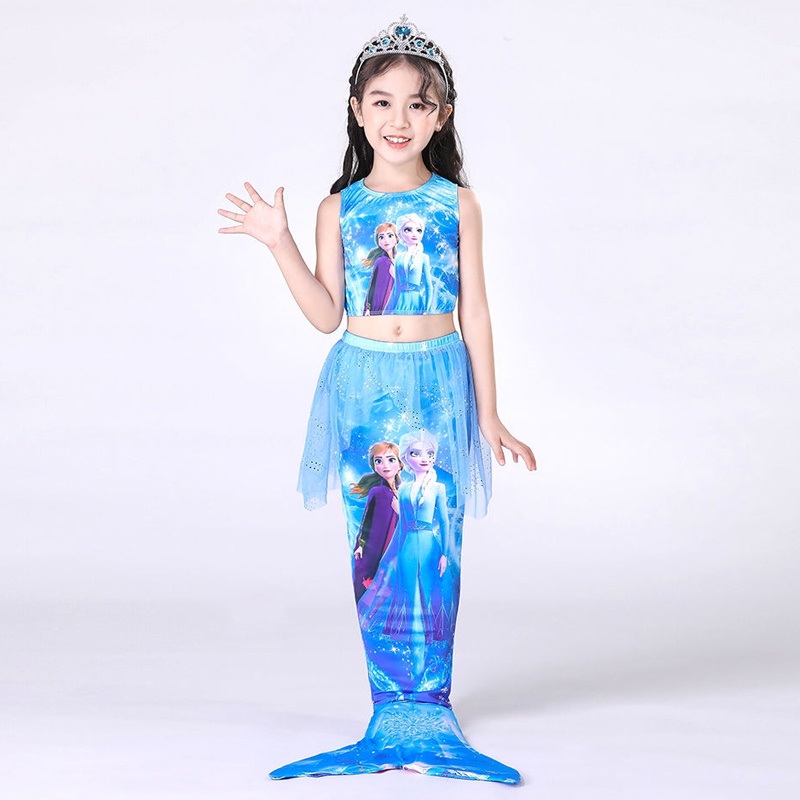 Bộ Đồ Bơi Bốn Mảnh Hình Nàng Tiên Cá Màu Xanh Đỏ Cho Bé Gái AKKU