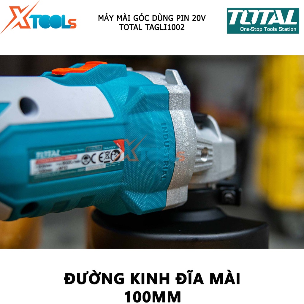 Máy mài góc KHÔNG CHỔI THAN TOTAL, điện thế 20V, đĩa cắt 100mm, cốt M10, kèm 2 pin 4.0AH và cục sạc - có bán lẻ thân máy