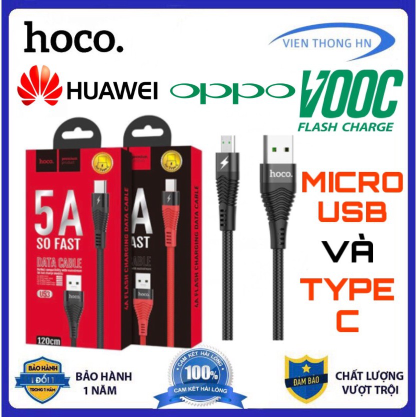 Dây sạc nhanh 4a bọc dù chống gập vooc hoco u53 - cáp sạc nhanh 5a micro usb type c - vienthonghn