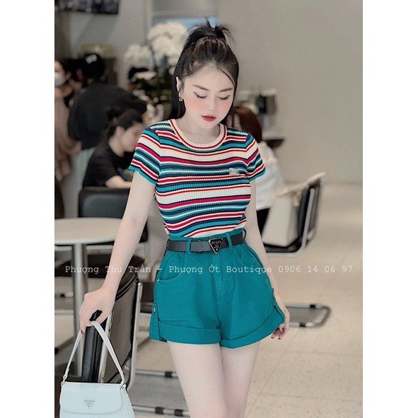Áo len kẻ cầu vồng tay ngắn kèm tag C.N