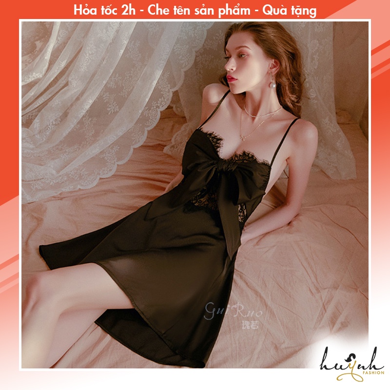 Đầm Ngủ Hai Dây Lụa Phối Ren và Nơ, Váy Ngủ Hở Lưng Cao Cấp GUIRUO (tặng kèm quần chip) - N66