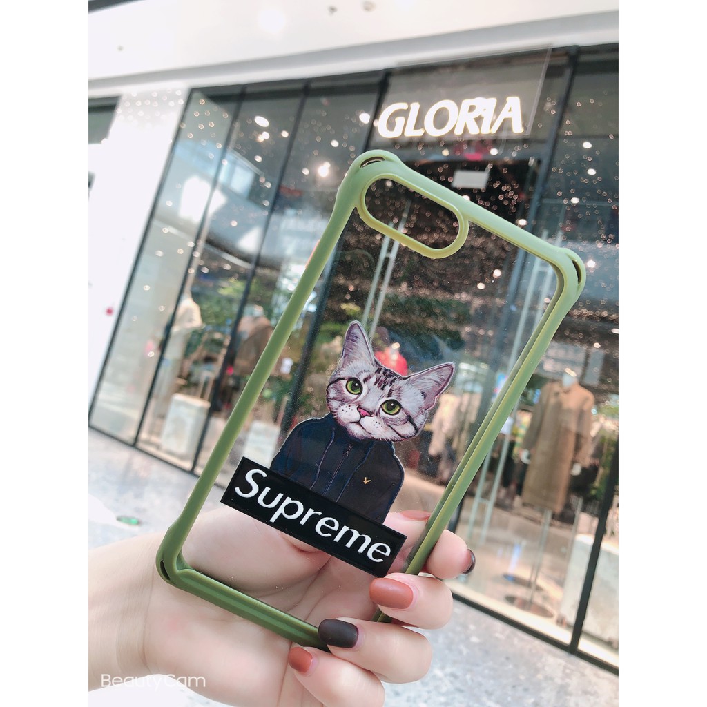 [Siêu rẻ] Ốp Lưng IPHONE Viền Xanh rêu In Mèo Supreme Bảo Vệ 4 góc full dòng 6/6s đến 11promax- H Case